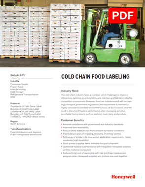 The cover of a Honeywell brief titled "Cold Chain Food Labeling."